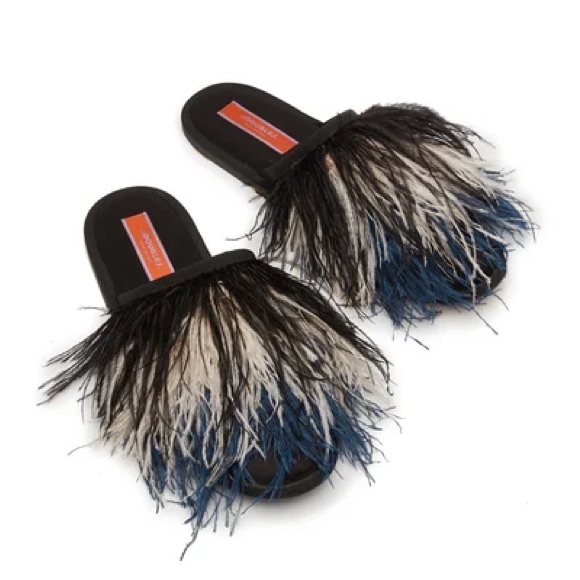 La Double J | NWT* Ostrich Feather Slipper Solid Black Raso Slip On Mules Slides - Picture 1 of 16